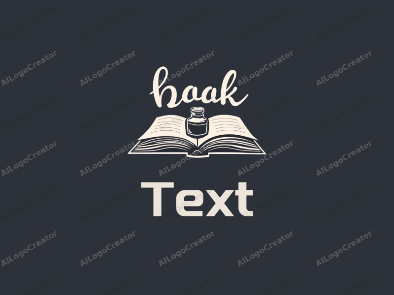 modern design features stylized text and font, an open book, and an ink bottle, combined with a clean background.