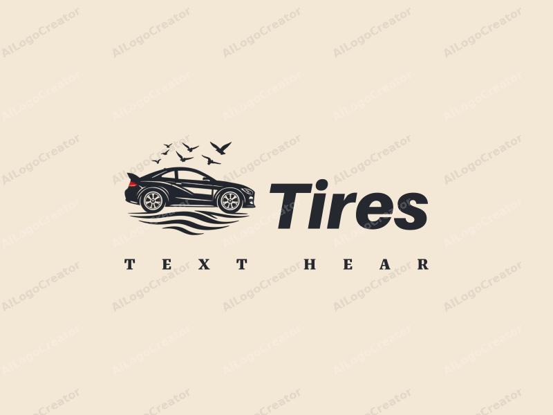 a modern design featuring a stylized car silhouette and tire, integrated with abstract waves and birds, creating a harmonious and clean composition.