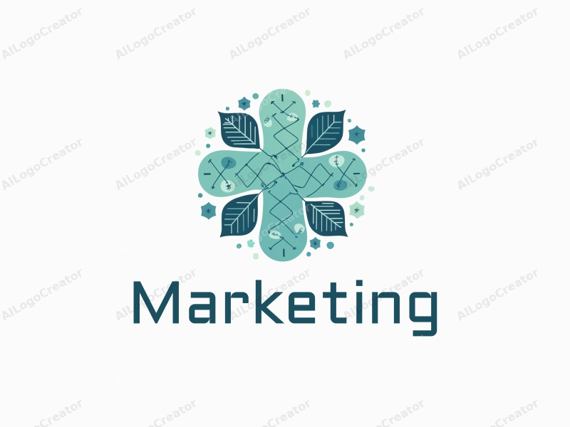 a modern design featuring abstract marketing symbols, fabric textures, and strategic patterns, combined with a clean background in blue and green tones.