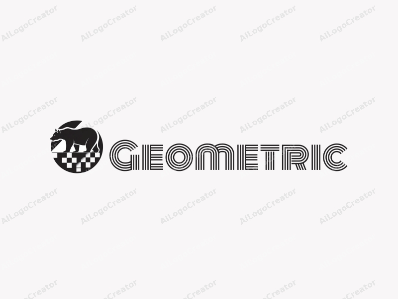 geometric design features a stylized bear integrated with square and circular shapes, combined with a checkerboard pattern, set against a clean black and white background.