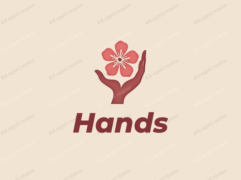 a modern design featuring a hand gently holding a cherry blossom, with a skin tone color palette, emphasizing simplicity and elegance against a clean background.