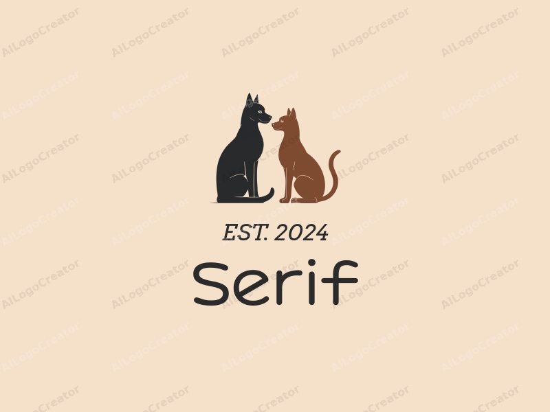 vintage design features elegant serif fonts, a stylized cat and dog intertwined, combined with a clean background.