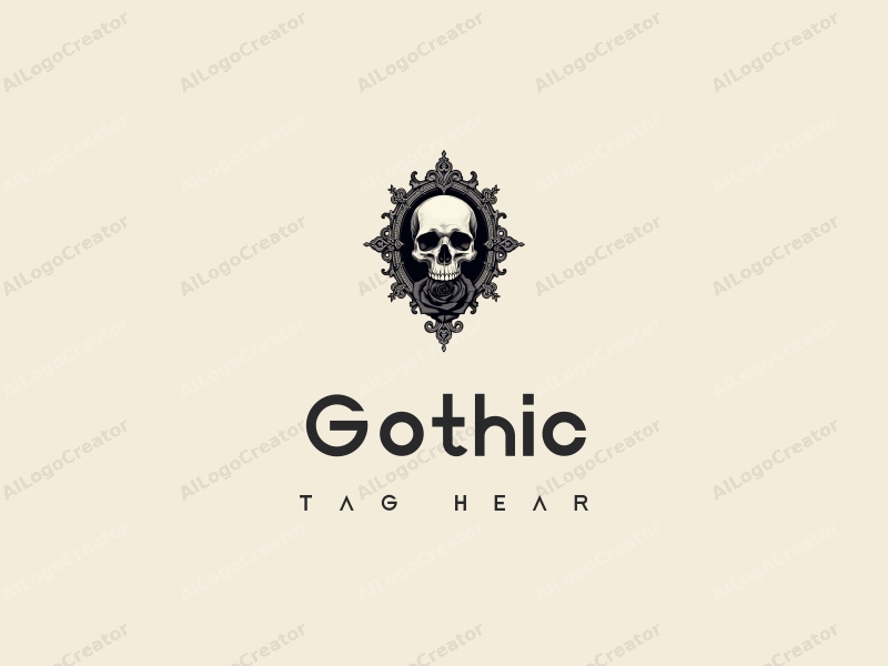 Gothic design features intricate Gothic architecture, stylized Gothic fashion elements, a black rose intertwined with a skull, combined with a clean background.