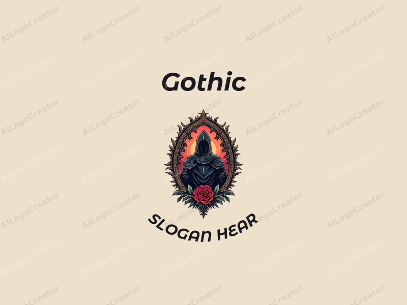 Gothic design features intricate Gothic architecture, a stylized dark knight silhouette, and a red rose, combined with a clean background.