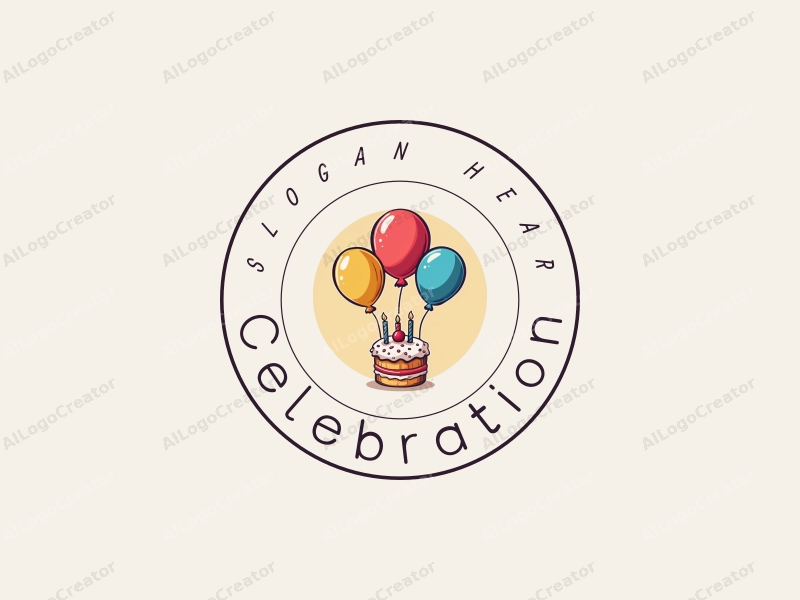 playful design features colorful balloons and a stylized cake, combined with a festive atmosphere and a clean background.