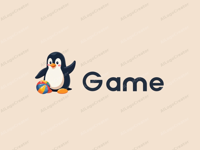 playful design features a stylized penguin interacting with a colorful ball, incorporating a fun and whimsical approach combined with a clean background.