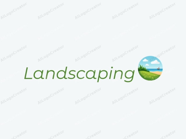 a modern and playful design featuring a stylized lawn and garden with vibrant green grass, a serene beach scene with blue waves, and abstract boat shapes, combined with a clean background.