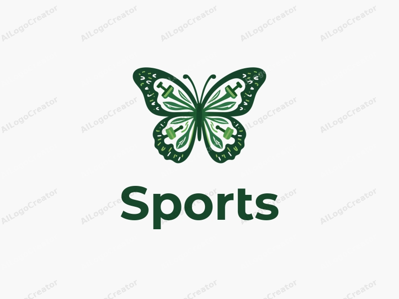 a modern design featuring a stylized butterfly intertwined with fitness elements like dumbbells and sports gear, incorporating a vibrant green color scheme, set against a clean background.