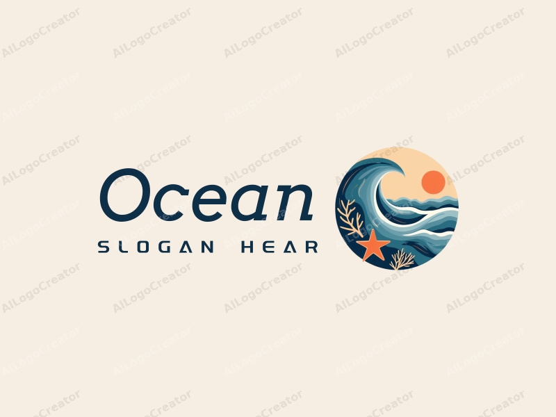 modern design features stylized waves, marine life elements like starfish and coral, combined with a clean background and a harmonious composition.