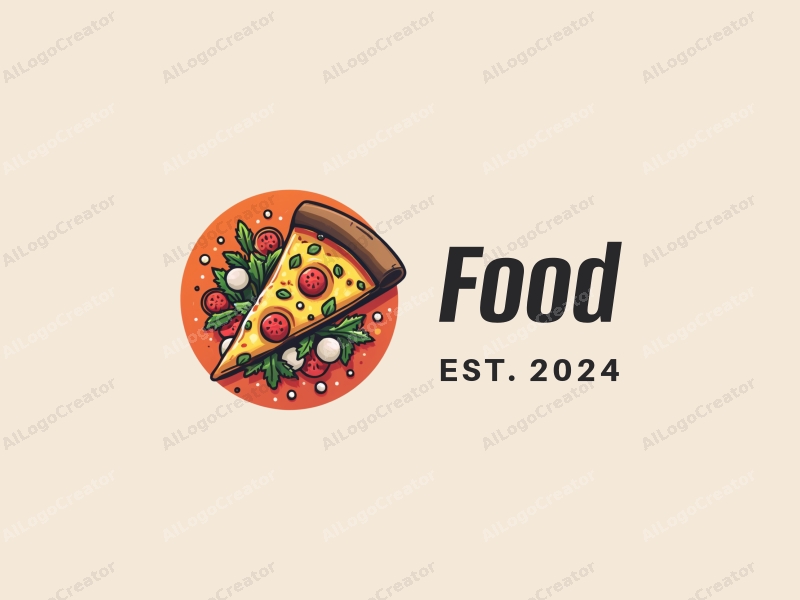 a modern design featuring vibrant colors, a stylized pizza slice and a fresh salad, combined with a clean background and a harmonious composition.