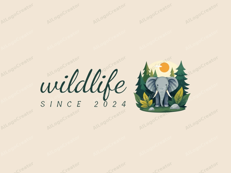 playful design features a stylized elephant amidst a lush forest, incorporating elements of wildlife and nature landscapes, with a clean background and harmonious composition.