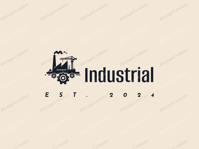 modern design features a stylized factory silhouette, interlocking gears, and a tower crane, combined with a clean background.