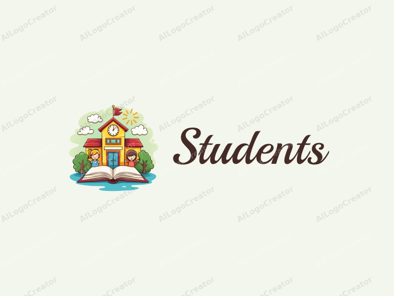 playful design features cheerful students, a stylized school building, open books, and pens, combined with a vibrant and colorful background.