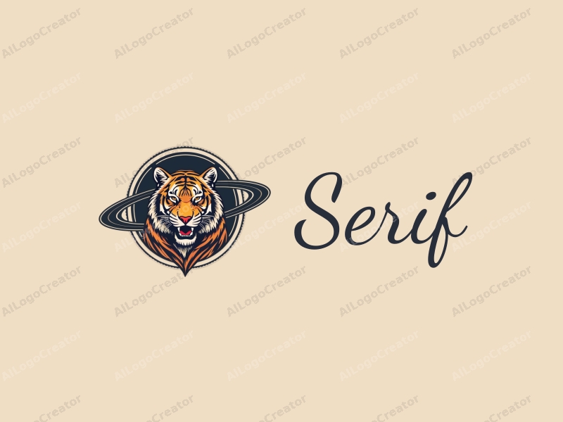 vintage design features elegant serif fonts, a stylized tiger intertwined with a Saturn ring, combined with a clean background.