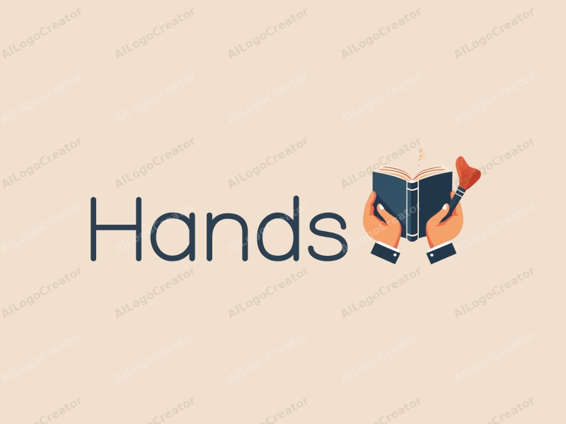 a modern design featuring a hand holding a book and a paintbrush, with a clean background and a focus on simplicity and harmony.