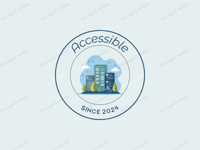 modern design features accessibility elements, inclusive design concepts, stylized documents and buildings, combined with a clean background in blue and green tones.