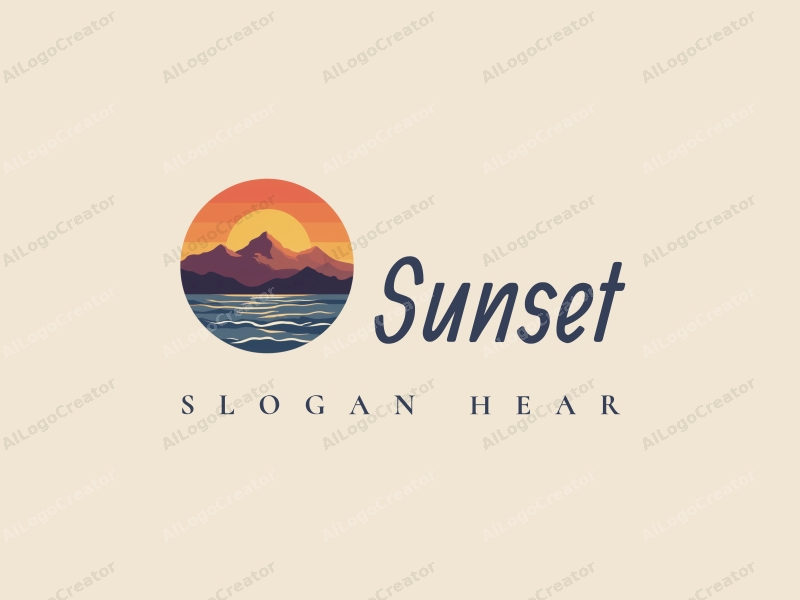 vintage design features a stylized sunset over the ocean with mountains in the background, incorporating warm orange and purple hues, combined with a clean and harmonious layout.