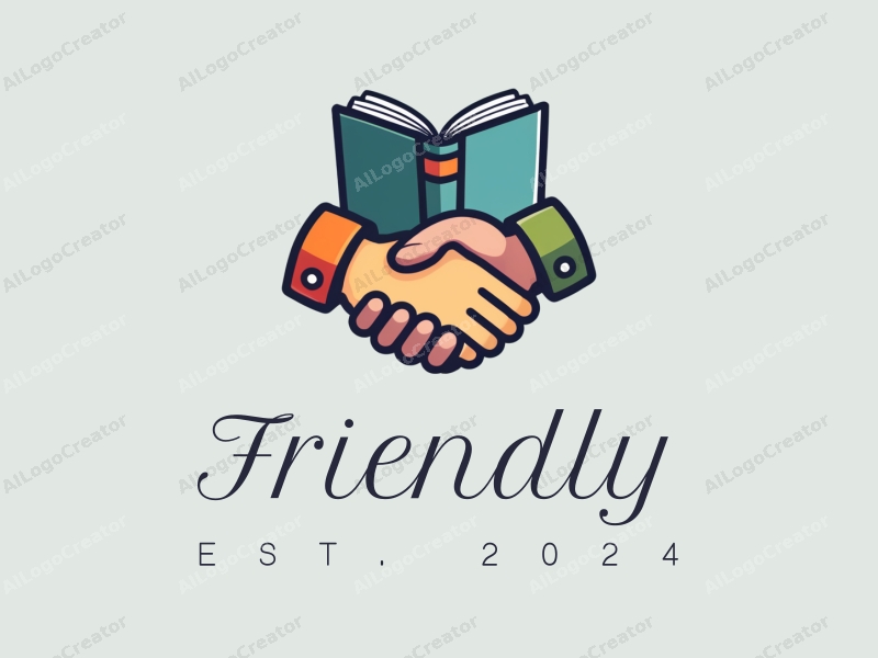 playful design features a stylized book and a handshake, combined with a clean background, emphasizing friendship and community in an educational and social context.