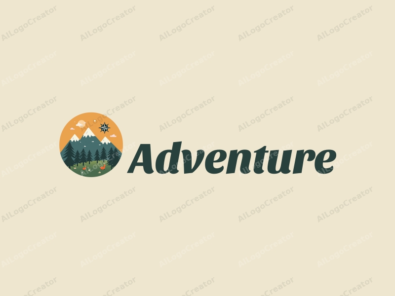 playful design features stylized mountains, a whimsical compass, and adventure elements combined with a clean background.