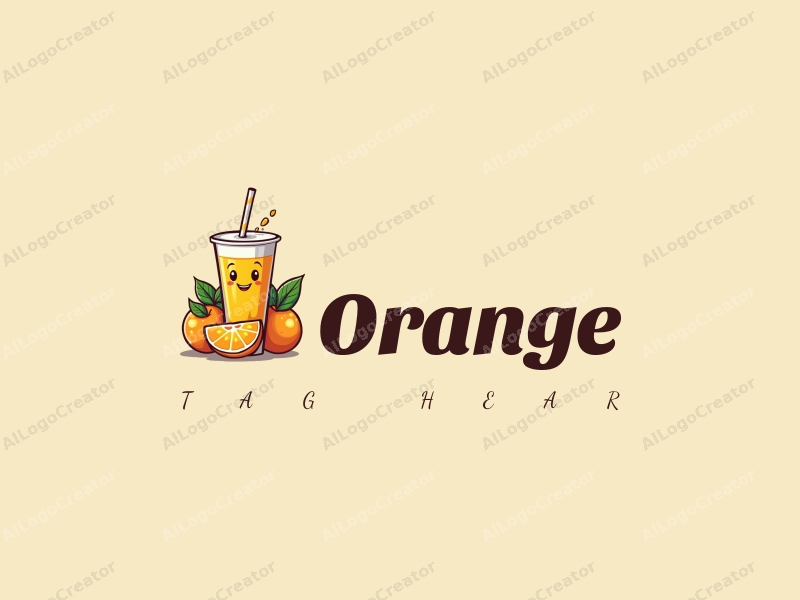 playful design features a stylized orange and juice, a smiling face, and a drink cup, combined with a clean background.