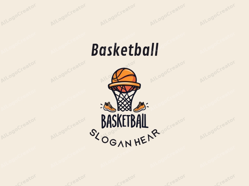 playful design features a stylized basketball, an athlete in motion, sneakers, and a hoop, combined with a clean background.