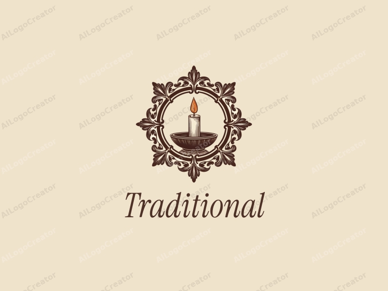 vintage design features traditional elements like a stylized candle surrounded by intricate floral patterns, using a warm brown and beige color palette, combined with a clean and harmonious background.