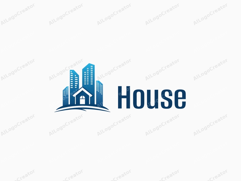 modern design features a stylized house and skyscraper silhouette, incorporating clean lines and geometric shapes with a blue color palette against a simple background.