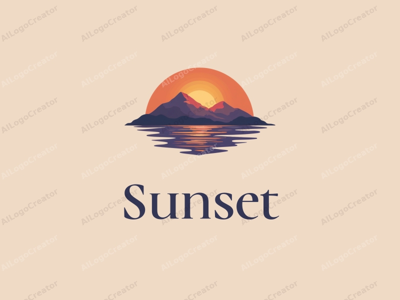 vintage design features a stylized sunset over the ocean with mountains in the background, incorporating warm orange and purple hues, combined with a clean and harmonious layout.