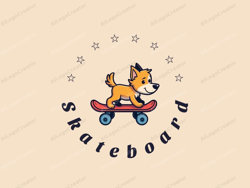 playful design features a colorful skateboard, a stylized dog riding on it, combined with a clean background.