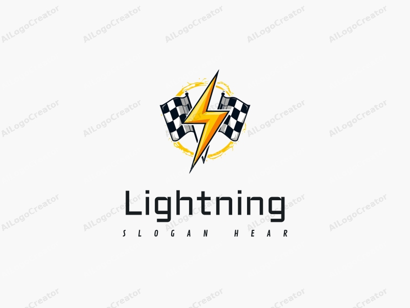 geometric design features a stylized lightning bolt intertwined with electric currents and a checkered flag, combined with a clean background.