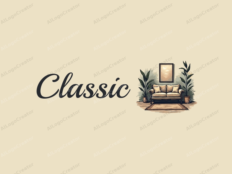 vintage design features classic furniture silhouettes, traditional art pieces, and a harmonious blend of dark and neutral colors combined with a clean background.