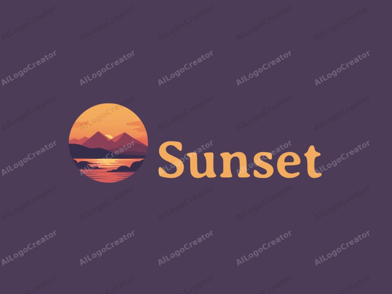 vintage design features a stylized sunset over a serene coastline with mountains in the background, using a harmonious blend of orange and purple colors, combined with a clean and simple layout.