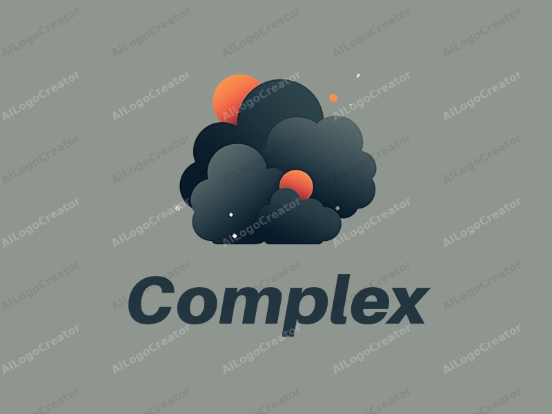 modern abstract design features complex overlapping clouds and geometric shapes, utilizing a multicolored dark tone palette, combined with a clean background.