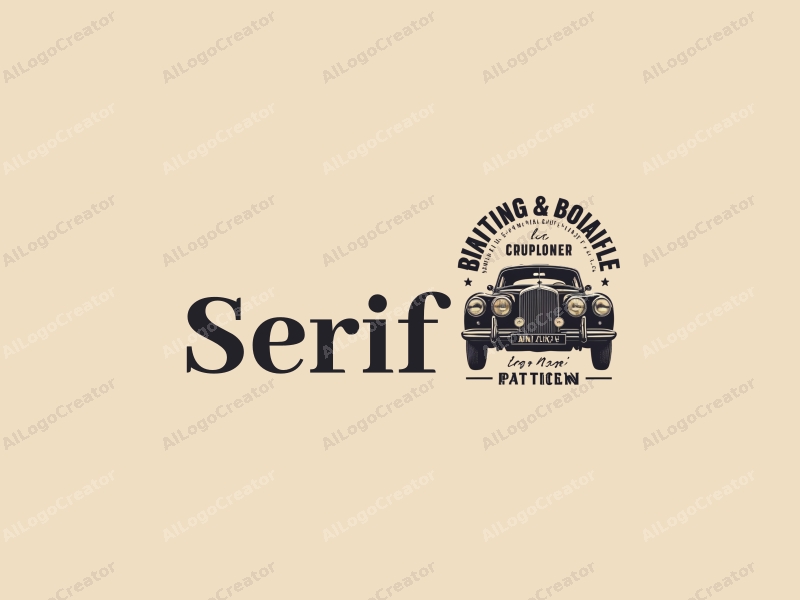 vintage design features elegant serif fonts, a classic car silhouette, and a human figure, combined with a clean background.