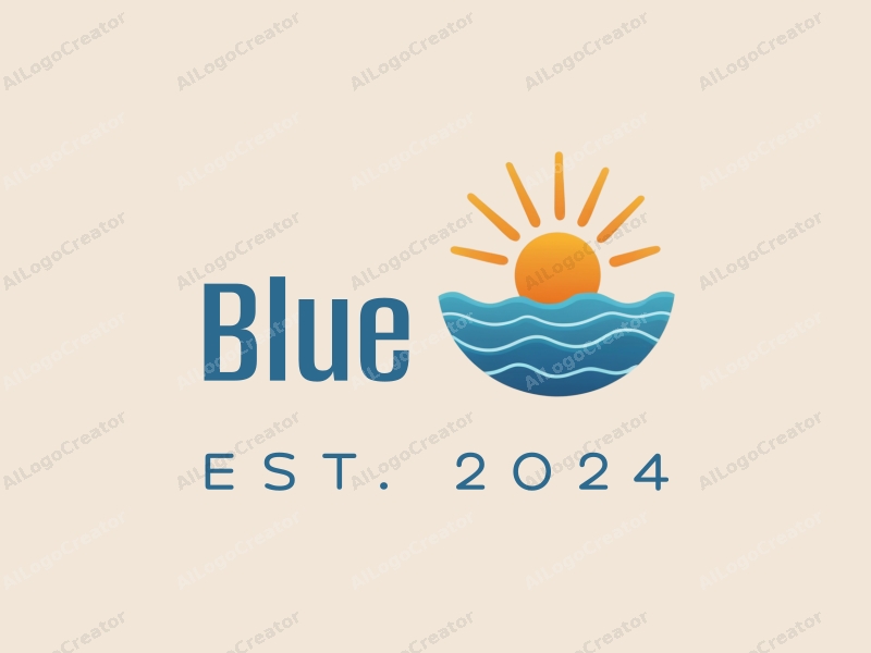 minimalist design features a stylized sun above a calm ocean, gentle waves, and a clear sky, combined with a clean background.