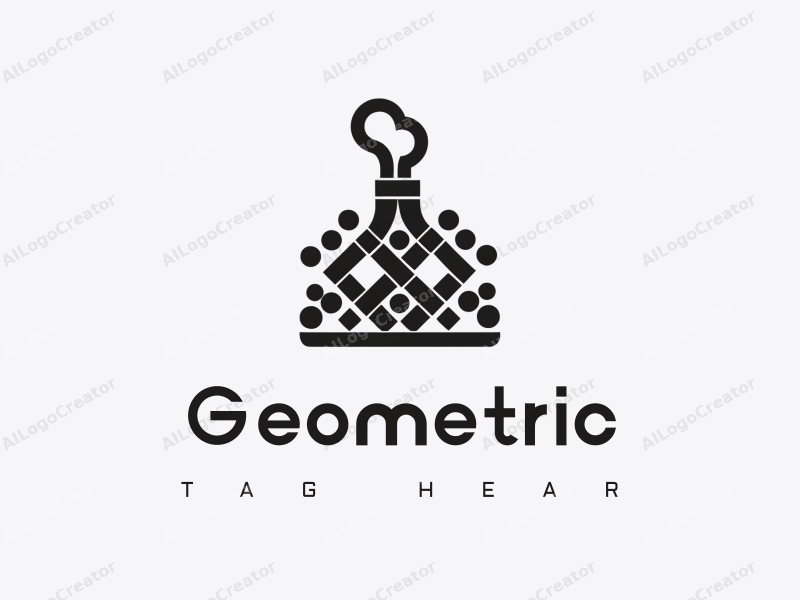 geometric design features a combination of squares and circles, a stylized bottle emitting steam, all presented in a black and white color scheme with a clean background.