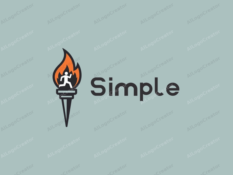 minimalist design features a stylized torch and a running figure, combined with a clean background and a simple composition.