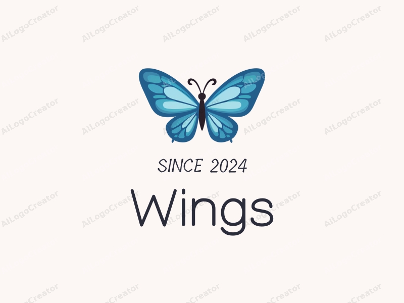 playful design features stylized wings and a butterfly in flight, combined with a clean azure background and simple, harmonious shapes.