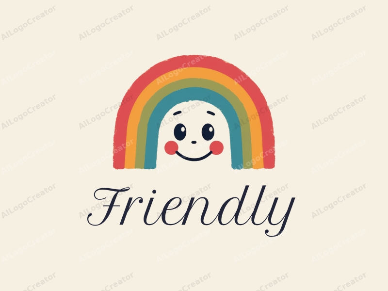 playful design features a vibrant rainbow arching over a cheerful smiley face, incorporating friendly elements with a clean background, emphasizing a sense of friendship and community.