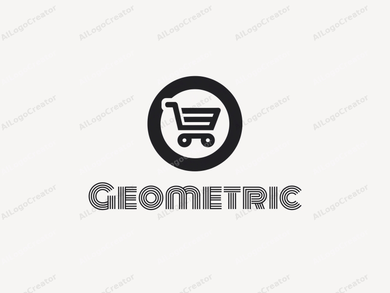 geometric design features a stylized shopping cart integrated within a square and circle composition, utilizing black and white colors for a clean and modern aesthetic.