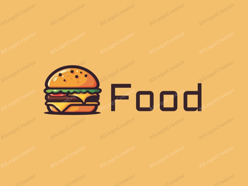 a modern design featuring a stylized burger and fries, with vibrant colors and a clean background, emphasizing the deliciousness of the food in a harmonious and simple composition.