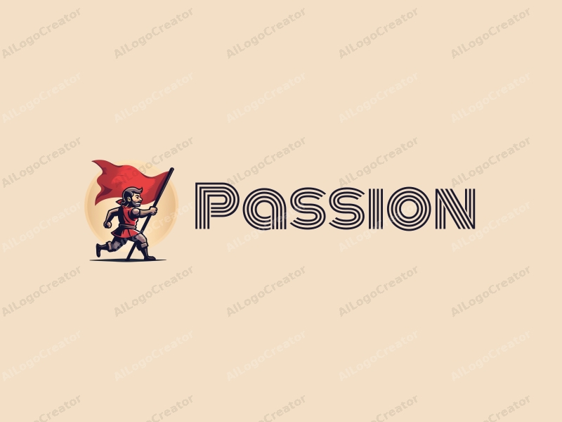 playful design features a stylized warrior figure holding a flag, vibrant red tones, and a dynamic composition that conveys passion and enthusiasm against a clean background.