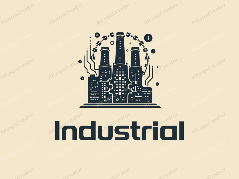 modern design features a stylized factory silhouette, interlocking gears, and circuit patterns combined with a clean background.