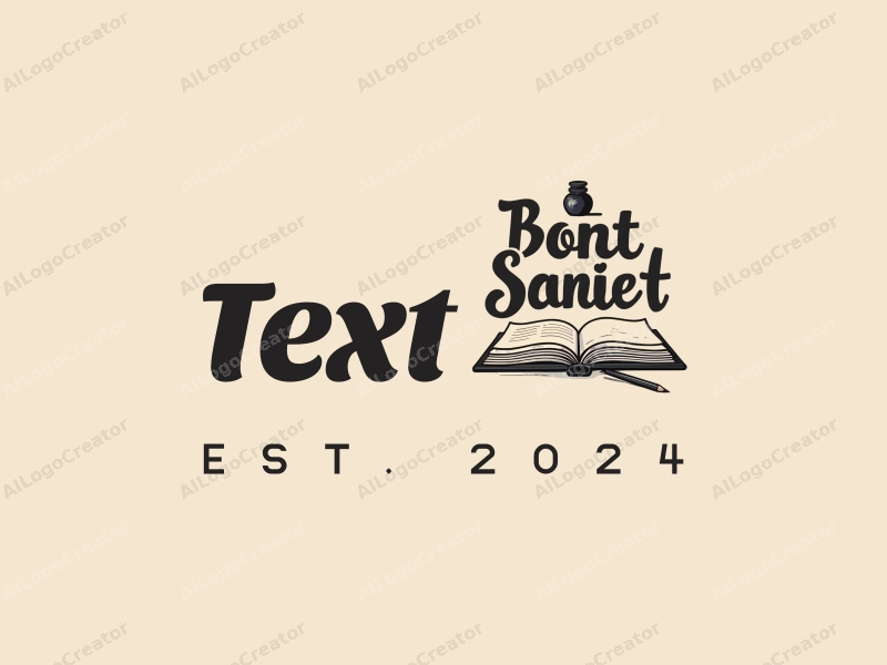 modern design features stylized text and font, an open book, and an ink bottle, combined with a clean background.