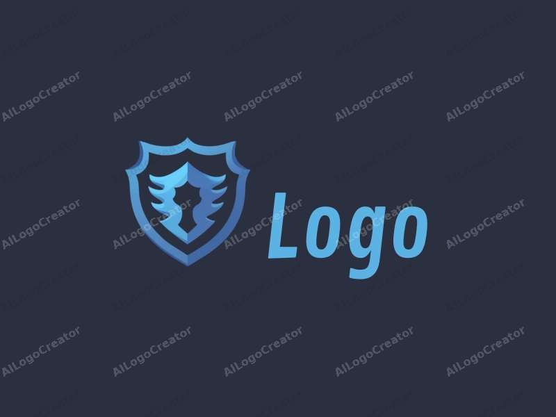 a modern design featuring a stylized badge and shield, incorporating blue and black colors, with a clean and simple composition that emphasizes creativity and artistic expression.