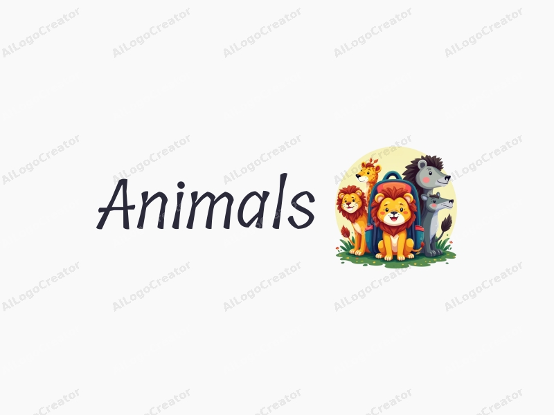 playful design features a small lion interacting with a colorful student backpack, incorporating various wild animals in a vibrant and engaging composition, set against a clean background.