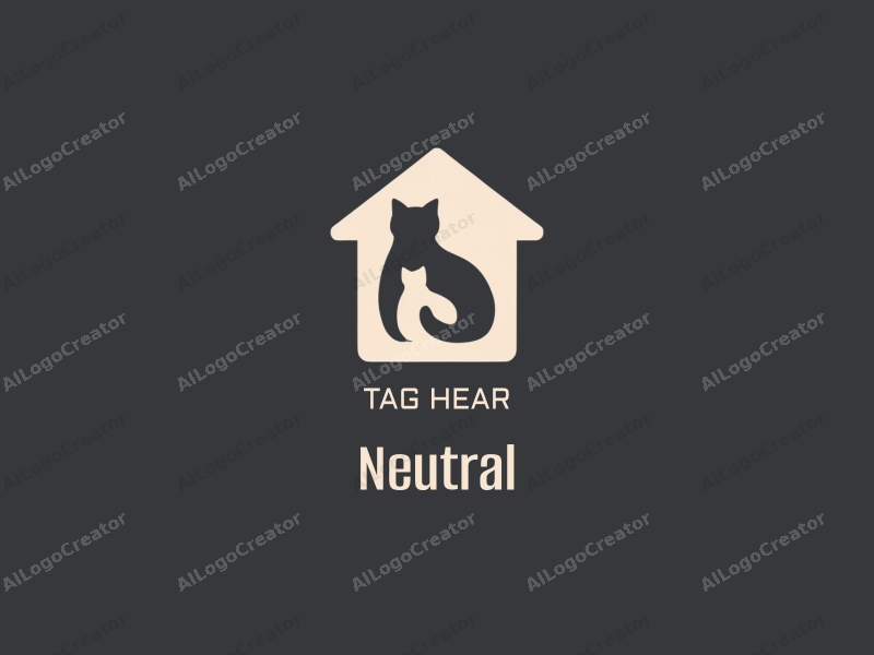 minimalist design features a stylized cat silhouette integrated with a house shape, emphasizing neutrality and balance in a clean background.