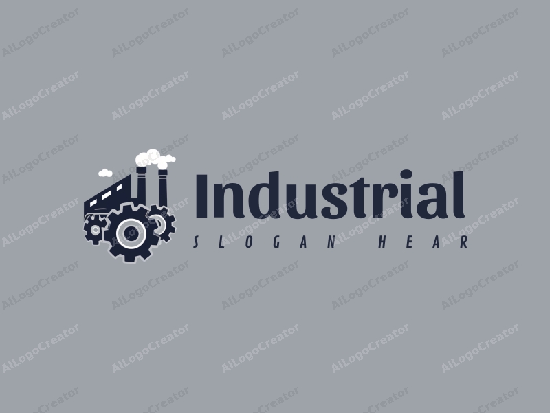 modern design features a stylized factory silhouette, a robotic arm, and interlocking gears, combined with a clean background.