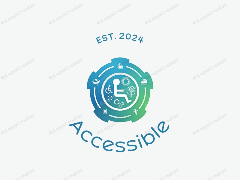 modern design features accessibility elements, inclusive design symbols, gears, and a robotic arm, combined with a clean background in blue and green tones.