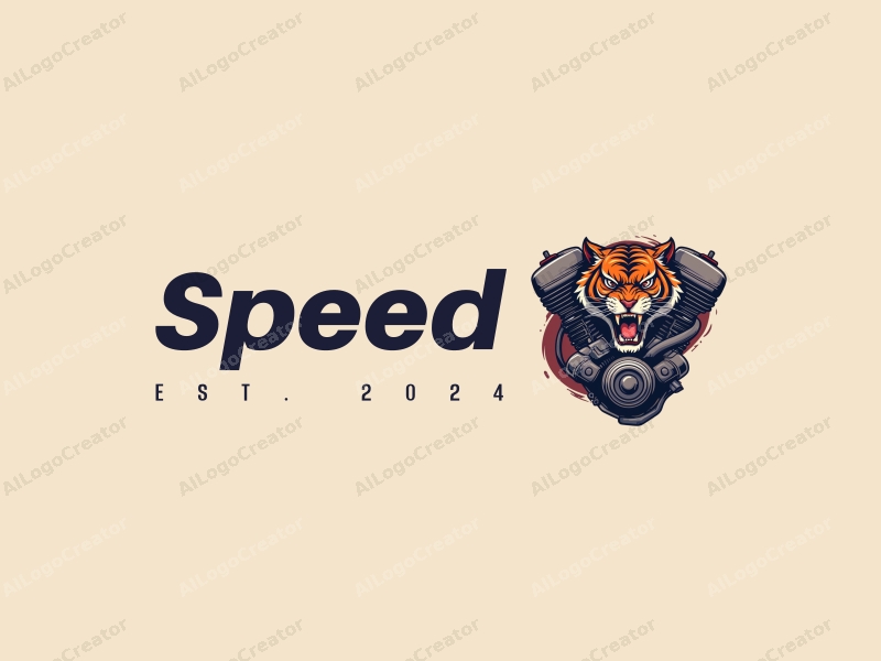 a modern design featuring a fierce tiger intertwined with an engine, symbolizing speed and power, combined with a clean background.